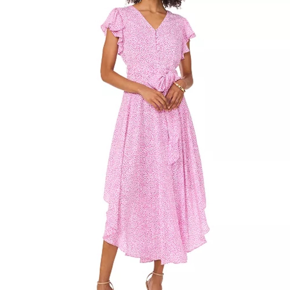 Vince Camuto Pink and White Flutter Sleeve Midi Dress